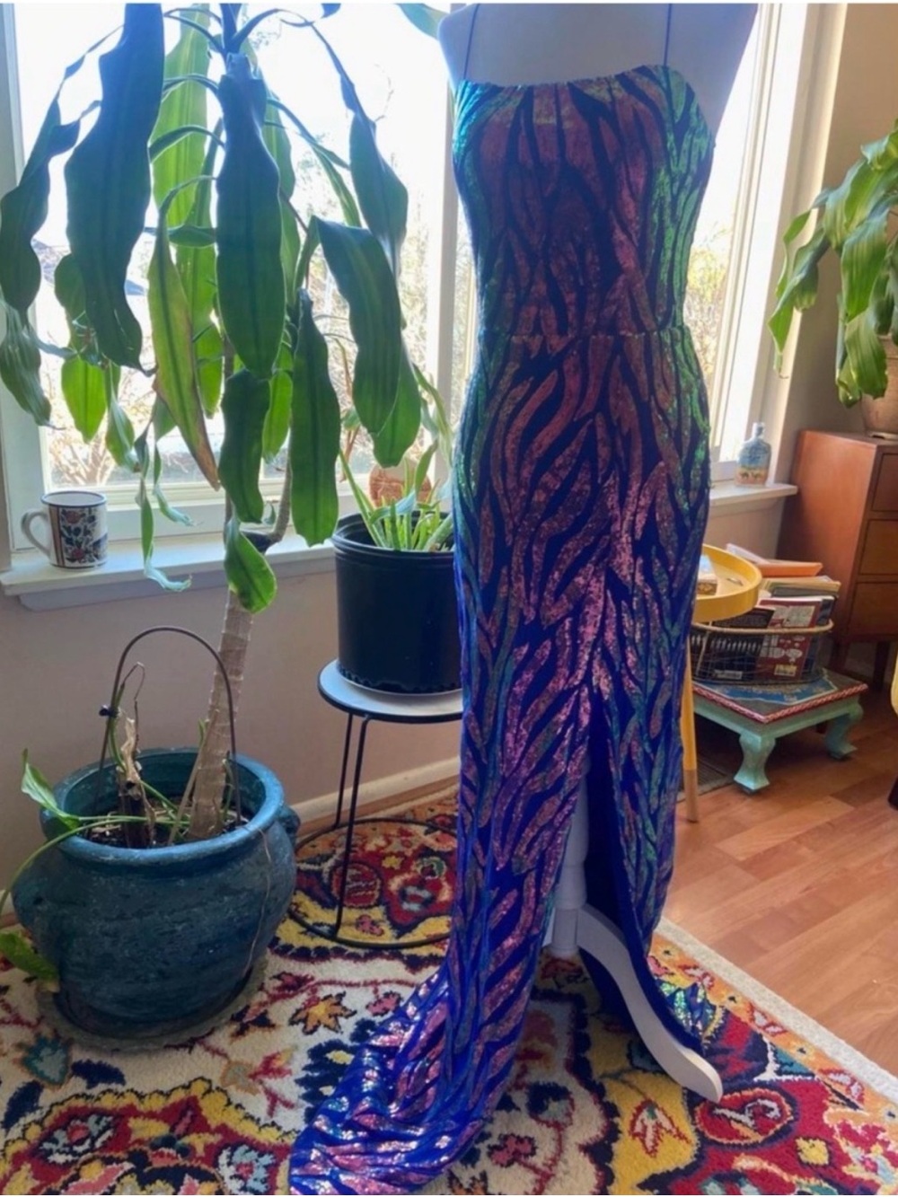 Blue Multicolor Metallic-Print Maxi Skirt